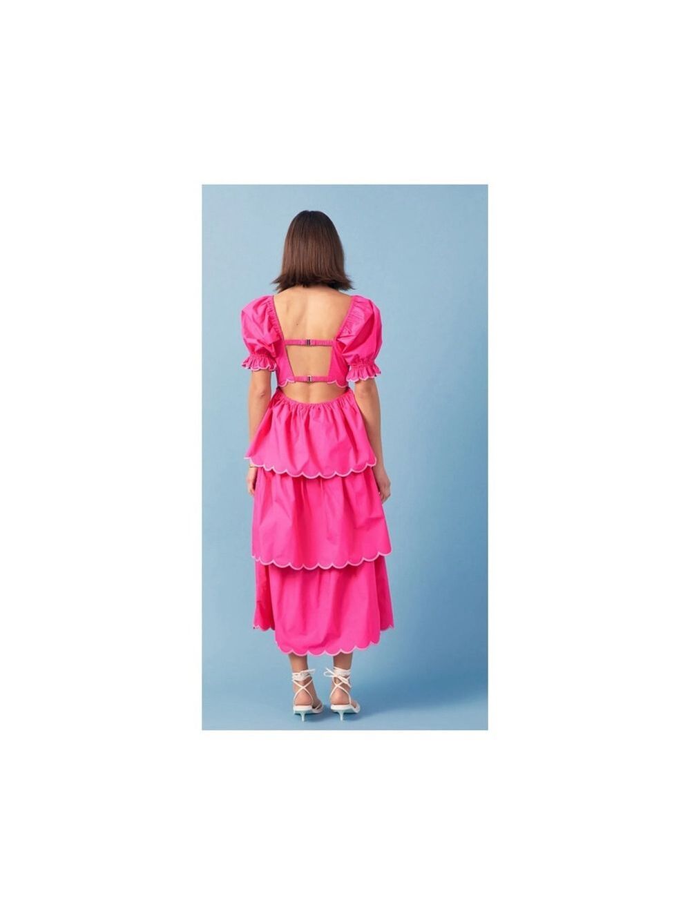 NWT English Factory Viral Sold Out Scallop Tiered Midi Dress Pink L - Picture 4 of 5